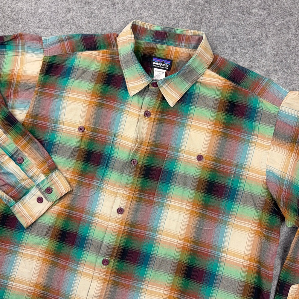 Patagonia Shirt Mens Large L Green Orange Plaid Organic Cotton Button Down 2014